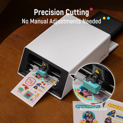 All In One Color Sticker Printer And Cutter For DIY Crafters And Custom Labels And Gifts With Thermal Dye Sublimation 300 DPI And Precise AI Auto Cutting device printing stickers on a table.