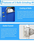 Heavy-Duty Pro Grade Triple Roll Mill Grinder Machine 220V cooling system close-up and outlet funnel view