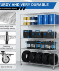 Heavy Duty Five Tier Wire Shelving Unit With Rolling Caster Wheels And Waterproof Liners featuring tools, tires, and barrels.