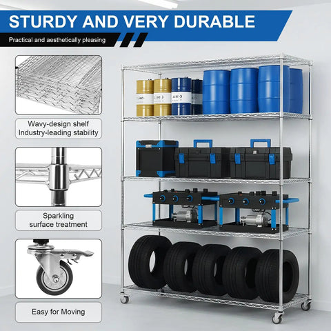 Heavy Duty Five Tier Wire Shelving Unit With Rolling Caster Wheels And Waterproof Liners featuring tools, tires, and barrels.