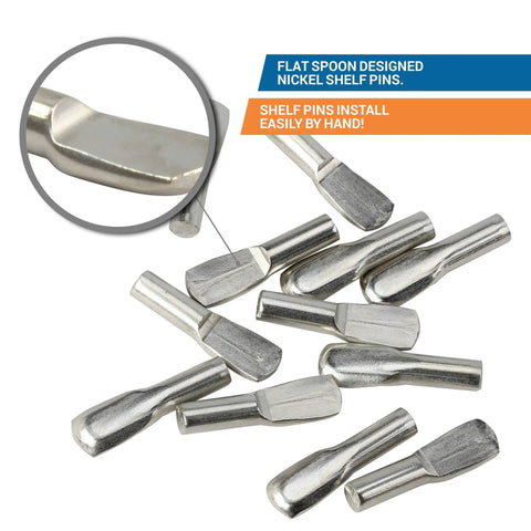 Heavy Duty Nickel Plated Stainless Steel Cabinet Shelf Pins 1000 Pack Spoon Shape Pegs showing flat spoon design.