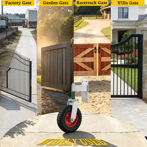 Highly Rated 8 Inch Gate Wheels 2 Pack For Metal And Wood Gates Featuring Double Ball Bearings Reinforced Steel Brackets And Durable Polymer Rollers Built Tough To Glide Smoothly Without Skipping A Beat, shown with factory, garden, racetrack, and villa gates.