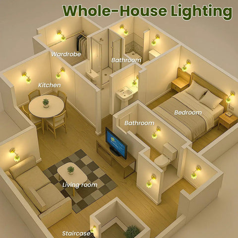 3D home layout showing Rechargeable Battery Operated Wall Sconces Set Of 2 in use across all rooms for whole-house lighting.