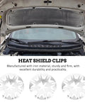 Open car hood showing heat shield with 100 Pc Car Hood Insulation Heat Plate Discs Kit With Iron Internal Tooth Lock Washers And Silver Rigid Fasteners to fix handle shafts for industrial use displayed below.