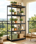 Top Shelf Heavy Duty Five Tier Garage Storage Rack With Adjustable Steel Uprights And Durable MDF Boards Delivering Two Thousand Pounds For Workshop Gear And Essentials with plants and storage bins on balcony.
