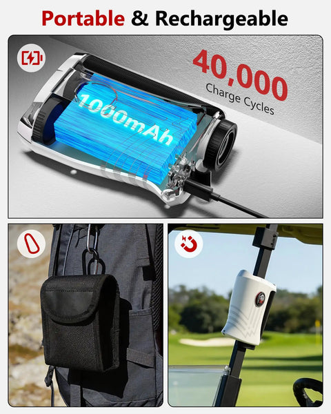 Lightweight Golf Rangefinder Slope Switch And Flag Lock Vibration, Rechargeable 7X Magnification shown on a golf cart