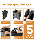 Rock Solid Slim Rolling Utility Cart, Collapsible Space Saving Storage Rack With Telescopic Handle, Hella Durable Fifty Pound Load, No Hassle Flat Fold Mechanism For Home And Workshop, Grey assembly steps showing unclaspping, extending side panels, and using handle.