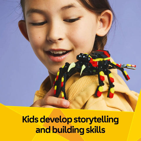 Awesome Building Kit Featuring Rad Spider Scorpion And Snake Models, child holding spider model, colorful building toy, creative playset.