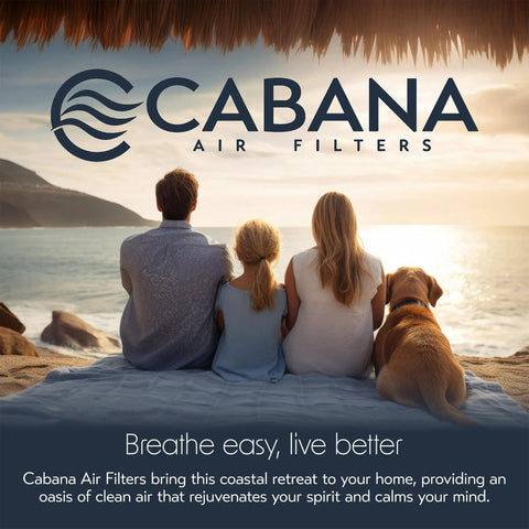 Family and dog sitting by beach with Cabana Air Filters logo, promoting clean air and relaxation.
