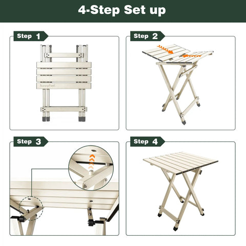 4-step setup guide for Ultra Lightweight Aluminum Folding Camping Table For Travel And Outdoor Adventures, 18.5x18.5x24.5 Inches