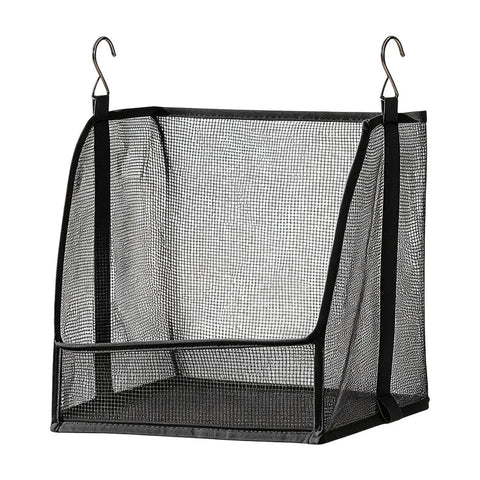 Hangable Closet Shelf Organizer With Soft Fabric Storage Bin to Safeguard Delicate Threads Tidy Dorm Rooms and Small Spaces showing black mesh design.