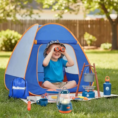 Child using binoculars with Kids Camping Set With Pop Up Tent And Outdoor Gear For Pretend Play Adventures in blue tent