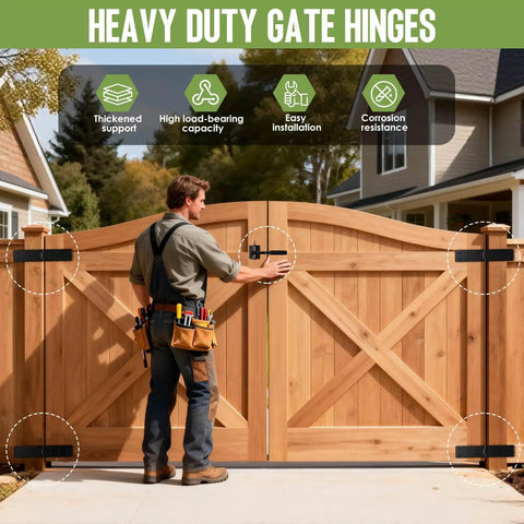 Hardcore 270 Degree Double Layer Butt Hinges For Wood Gates And Fences on wooden gate with worker for easy installation.