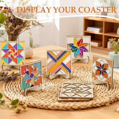 Wooden Coaster Painting Kit With Wood Stand for Adults Teens and Seniors Barn Quilt Pattern Arts and Crafts DIY Fun Gift displayed