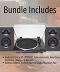Fully Automatic Belt Drive Turntable Bundle With SAM30 3 Inch Powered Studio Monitors positioned on a tabletop setup