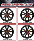 Image showing removal and installation of 4, 5, 6, and 8-lug nut wheels with numbered positions for reference.
