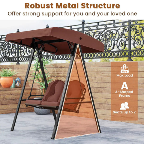 Two Person Patio Porch Swing With Adjustable Canopy Heavy Duty Metal Frame Comfy Cushions Outdoor Garden Swing For Backyard Relaxation