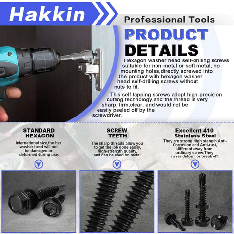 Close-up of self drilling hex washer head screws kit with hex socket pro grade 500 piece, black oxide 410 stainless steel for wood and metal.