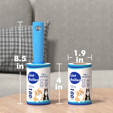 Extra Sticky Lint Roller Mega Value Set With 400 Sheets For Pet Hair Removal on table, showing dimensions and design.