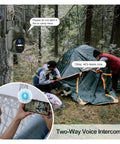 Make Your Yard The Safest Spot With This Badass Solar Security Cam Boasting 4G LTE And WiFi Dual Connectivity Plus A Beast Mode 10400 Mh Battery For True Off Grid Freedom And Remote App Oversight; two-way intercom in a forest with people at a tent.