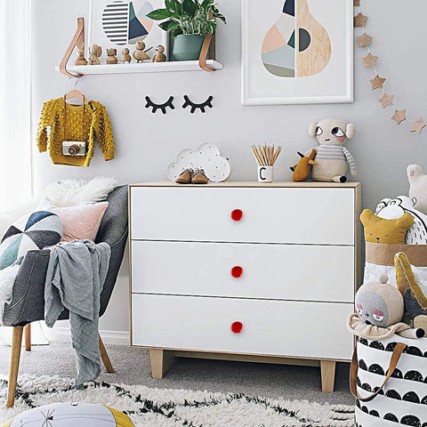 Stylish nursery dresser featuring Totally Rad Red Ceramic Drawer Knobs With Funky Mushroom Shape For Nailed It Nursery Setup.