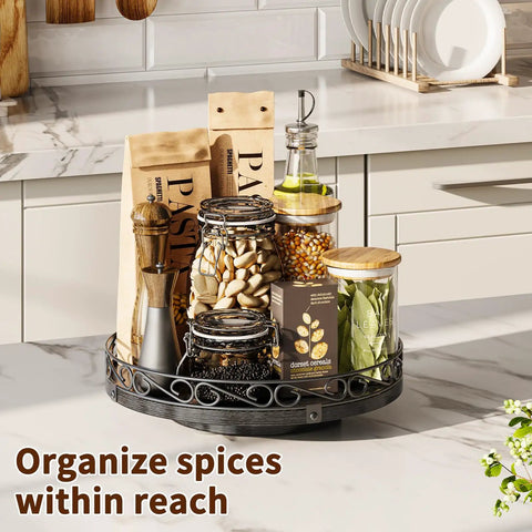 Smooth Spinning Nine Inch Solid Wood Lazy Susan Turntable with wide base holding spices on kitchen counter.