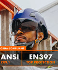 Worksite Ready Lightweight Hard Hat With ANSI Z89.1 Type 1 Class E Safety OSHA Compliant Red ABS Helmet, worn by worker on ladder