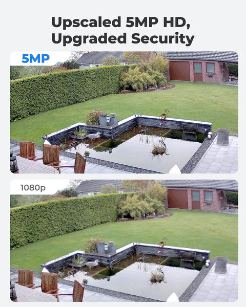 Comparison between 5MP security camera image and 1080p resolution, showing clarity difference in outdoor garden view.