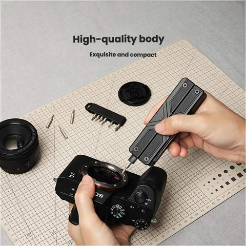 Person using the 13-in-1 Full-Size Multitool With Ratcheting Screwdriver And Pliers Functions on a camera lens.