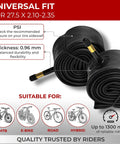 Pair Of 27.5 Inch Bike Inner Tubes Compatible With 27.5 X 2.1 To 2.35 Tires 48mm Schrader Valve Pack Of 2 displayed with features
