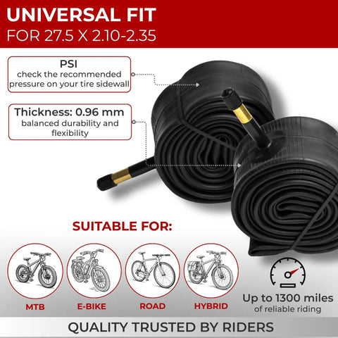 Pair Of 27.5 Inch Bike Inner Tubes Compatible With 27.5 X 2.1 To 2.35 Tires 48mm Schrader Valve Pack Of 2 displayed with features