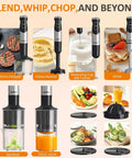 Heavy Duty Cordless Hand Blender 1000W Stick Mixer With Turbo Mode And 12 Speeds For Creamy Soups Smoothies And Thick Batters No Sweat Kitchen Workhorse With Stainless Chopper Frother components layout showcasing 860ml chopper, potato masher, whisk, spiralizer, citrus juicer.