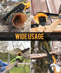6 Inch Cordless Mini Chainsaw with two batteries cutting wood and branches, showcasing its portable handheld design for easy use.