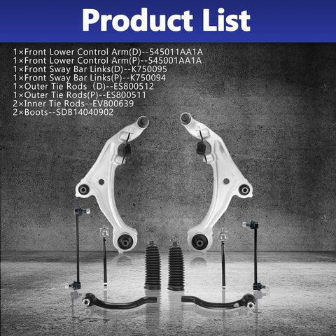 Heavy Duty Front Control Arms With Ball Joints And Tie Rods 10 Piece Suspension Swap Kit overview with components on gray background.