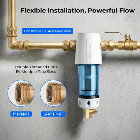 Reusable Spin Down Sediment Water Filter, 50 Micron, Built-In Housing Scraper, 360 Degree Rotatable Head, 1 Inch MNPT