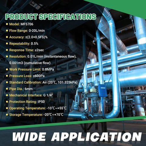Product specifications for MF5706 flow meter with 0-20 L/min range and 1/4 in NPT threads for air, nitrogen, oxygen applications.