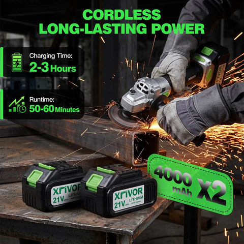 Heavy Duty Cordless Angle Grinder With Brushless Motor And 125mm Discs Featuring Three Speed Settings cutting metal, with 4000 mAh battery.