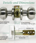 10 Pack Brushed Nickel Round Privacy Door Knobs for Interior Doors, keyless bathroom knobs detail and dimensions sheet.