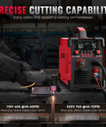Plasma Cutter STC750P 75 Amp HF Non Touch Pilot Arc Dual Voltage 110 220V With LED Display, shown cutting metal on workbench.