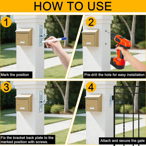 Step-by-step how-to guide for installing Set Of 4 Heavy Duty Wall Mount Gate Hinges With 8 Screws Galvanized Steel Rust Proof.