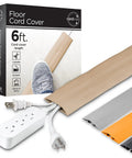 6Ft Floor Cord Cover Cable Protector For Open Floors with power strip, tan, cuttable and durable design, packaging shown