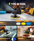 7 Inch Cordless Rotary Buffer Polisher Kit For Auto Detailing Car Waxing And Paint Correction Compatible With Pro Power Tool Batteries shown with foam, wool, and sandpaper pads for detailing use.