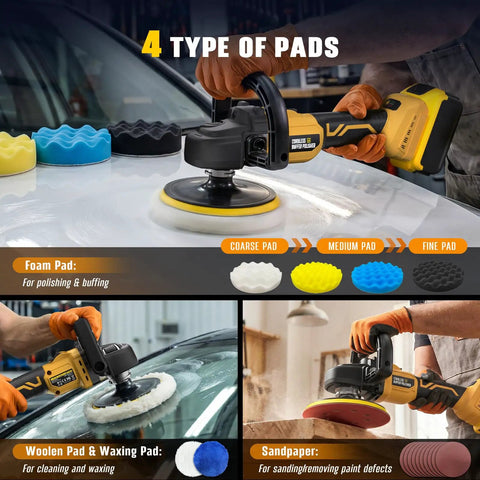 7 Inch Cordless Rotary Buffer Polisher Kit For Auto Detailing Car Waxing And Paint Correction Compatible With Pro Power Tool Batteries shown with foam, wool, and sandpaper pads for detailing use.