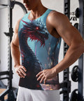 Rock Solid Black Mechanical Dragon Print Workout Tank Top For Men showcased on a muscular man in a gym setting.