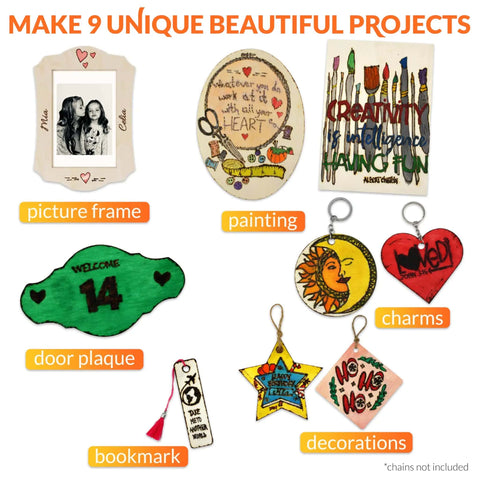 Beginner Friendly Wood Burning Kit With 140 Pieces For DIY Artists Includes 9 Large Wooden Plaques displayed with crafts