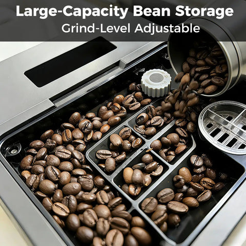 Large-capacity bean storage with grind-level adjustable feature in Real Deal Fully Automatic Espresso Machine.