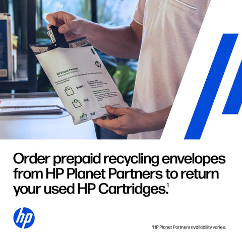 Person holding a prepaid recycling envelope for returning used HP cartridges, promoting HP Planet Partners program.