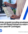 HP Planet Partners prepaid recycling envelope held in hand, designed for returning used HP ink cartridges.
