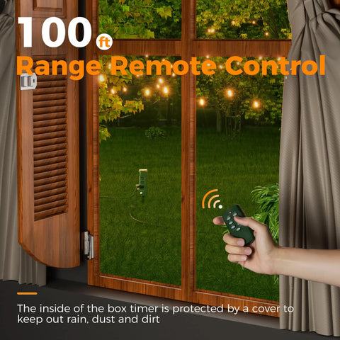 Outdoor Waterproof Timer Outlet With Photocell Sensor Dusk To Dawn Auto Switch Remote Control Power Strip Six Foot Heavy Cord - 100 ft range remote control in use.