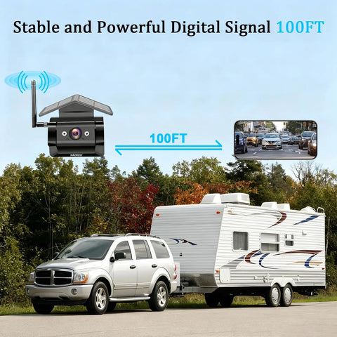 Magnetic Solar Wireless Backup Camera With Rechargeable Battery IP69 Weatherproof Build showing stable digital signal up to 100FT.